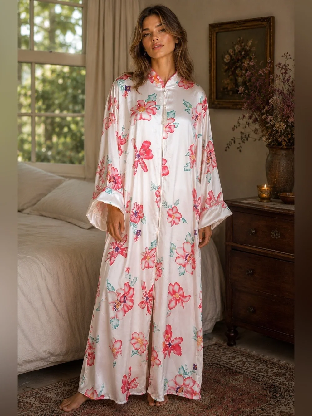 Vintage Natori Womens Robe Sz Large Ivory Pink Tropical Floral Kaftan House Coat